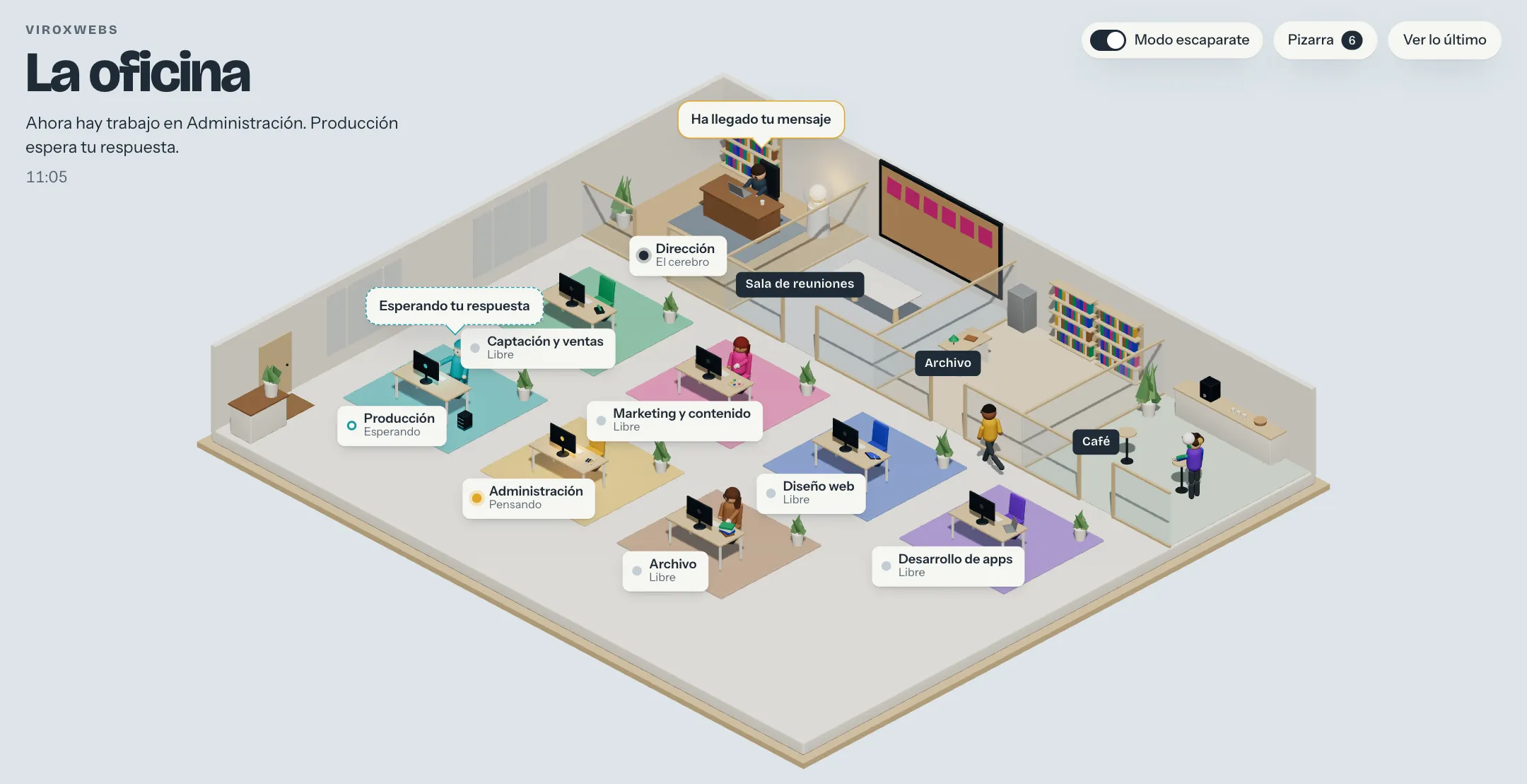 La oficina en 3D en modo escaparate: puestos de colores por departamento, la sala de dirección y un personaje llevando un encargo a otra mesa.